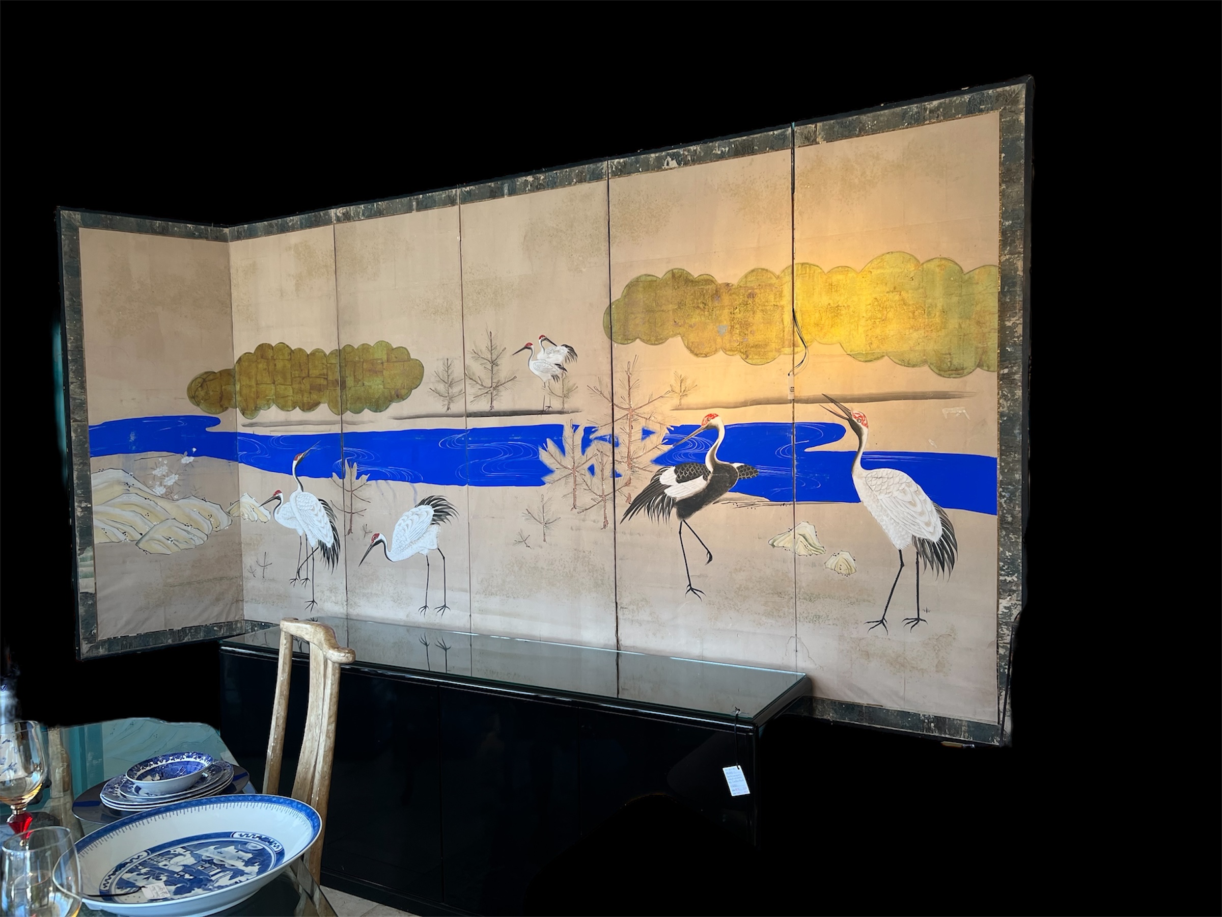 Antique Japanese Cranes Silk Screen