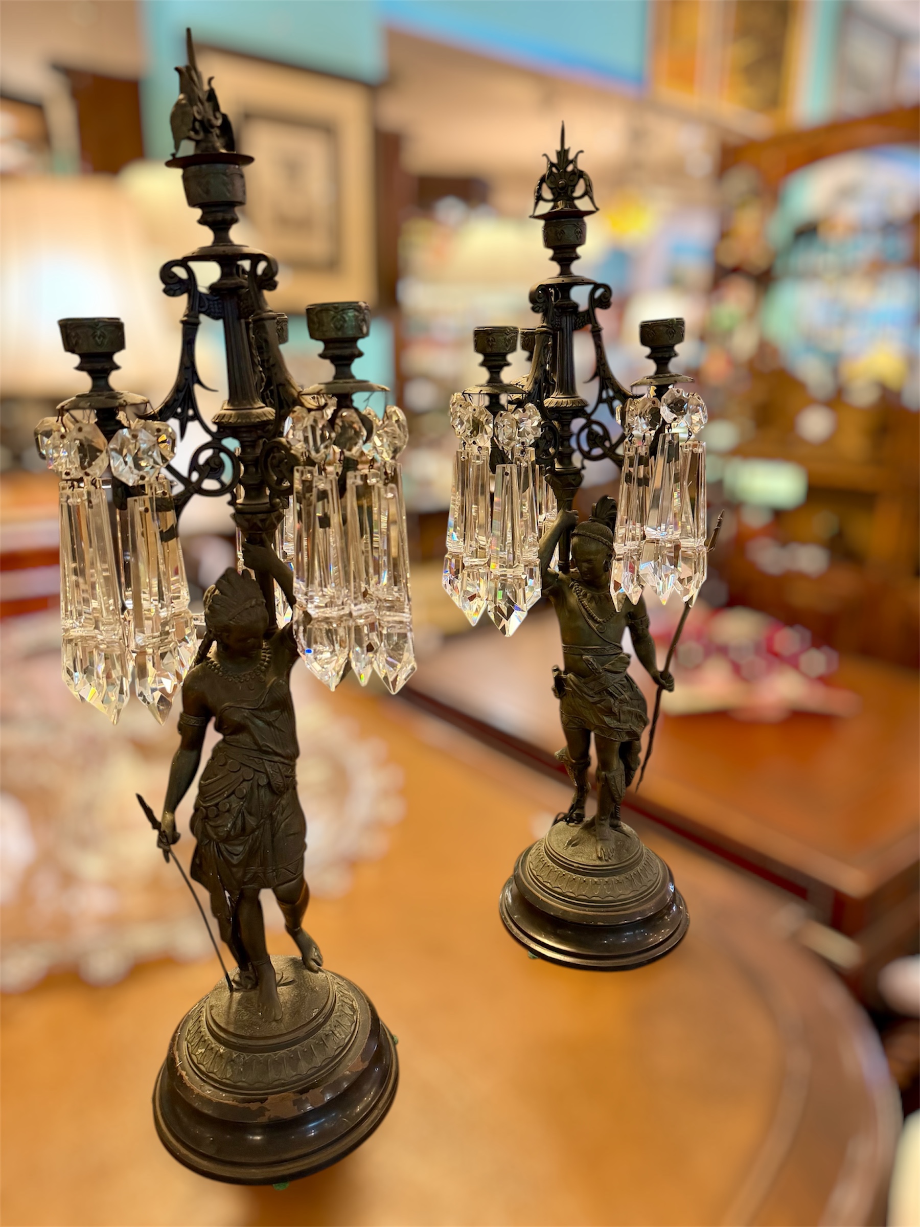 Pair Antique Mantle Lustres