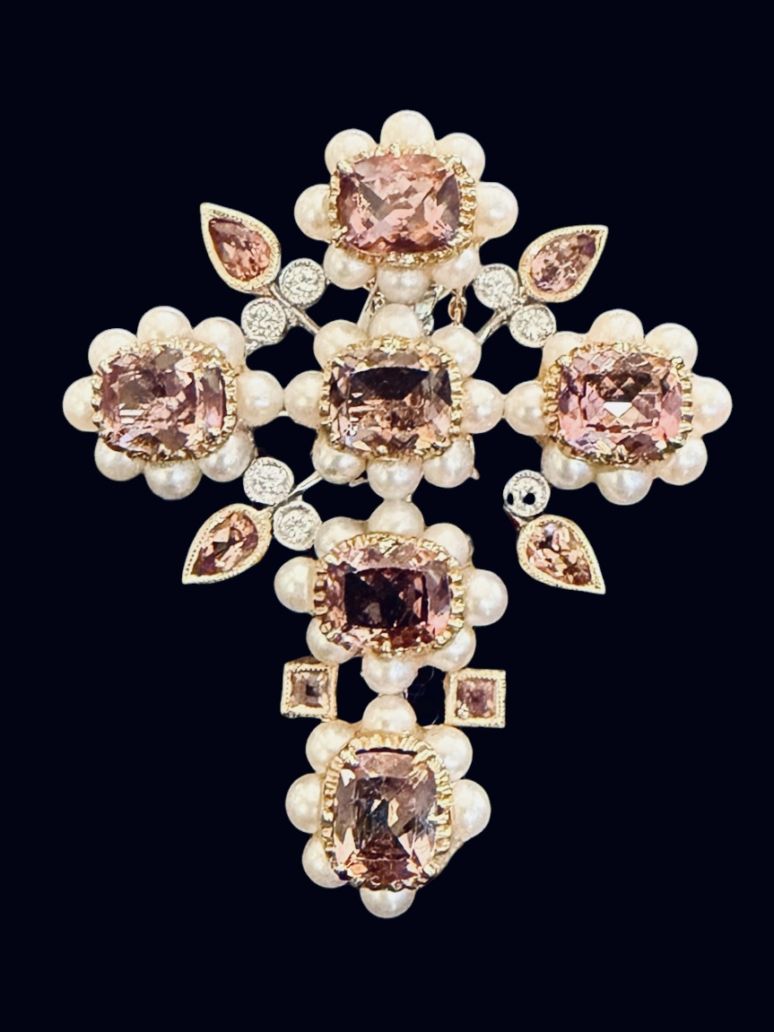 Pink Tourmaline Pearl Cross Brooch