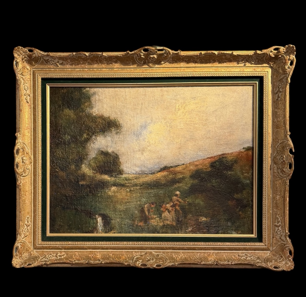 Antique Oil Painting Meadow Girls
