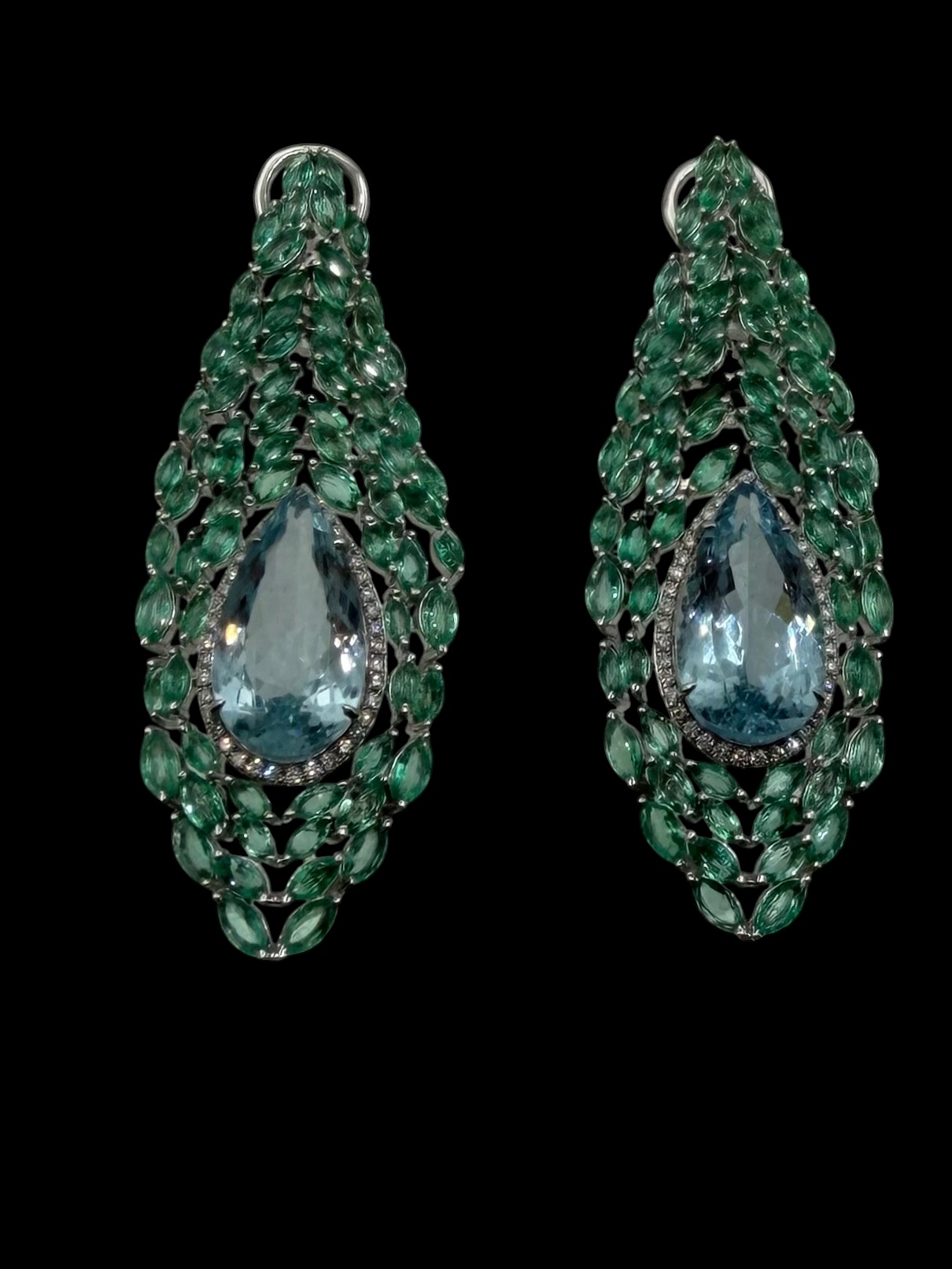 Articulated Emerald Aquamarine Peacock Earrings
