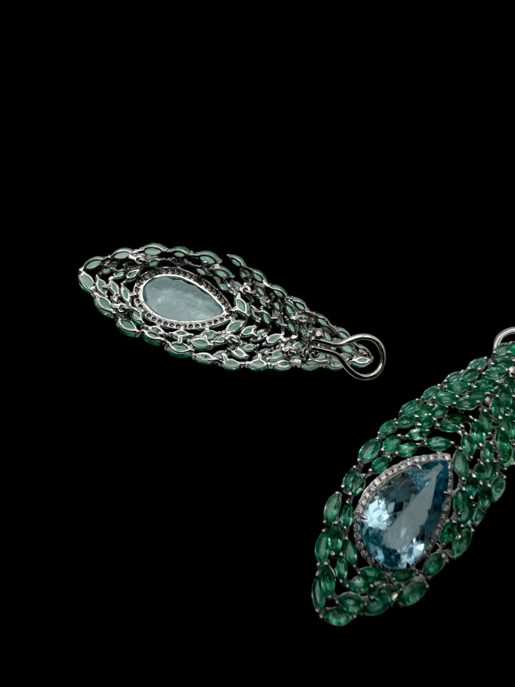 Aquamarine and Emerald Peacock Tail Earrings