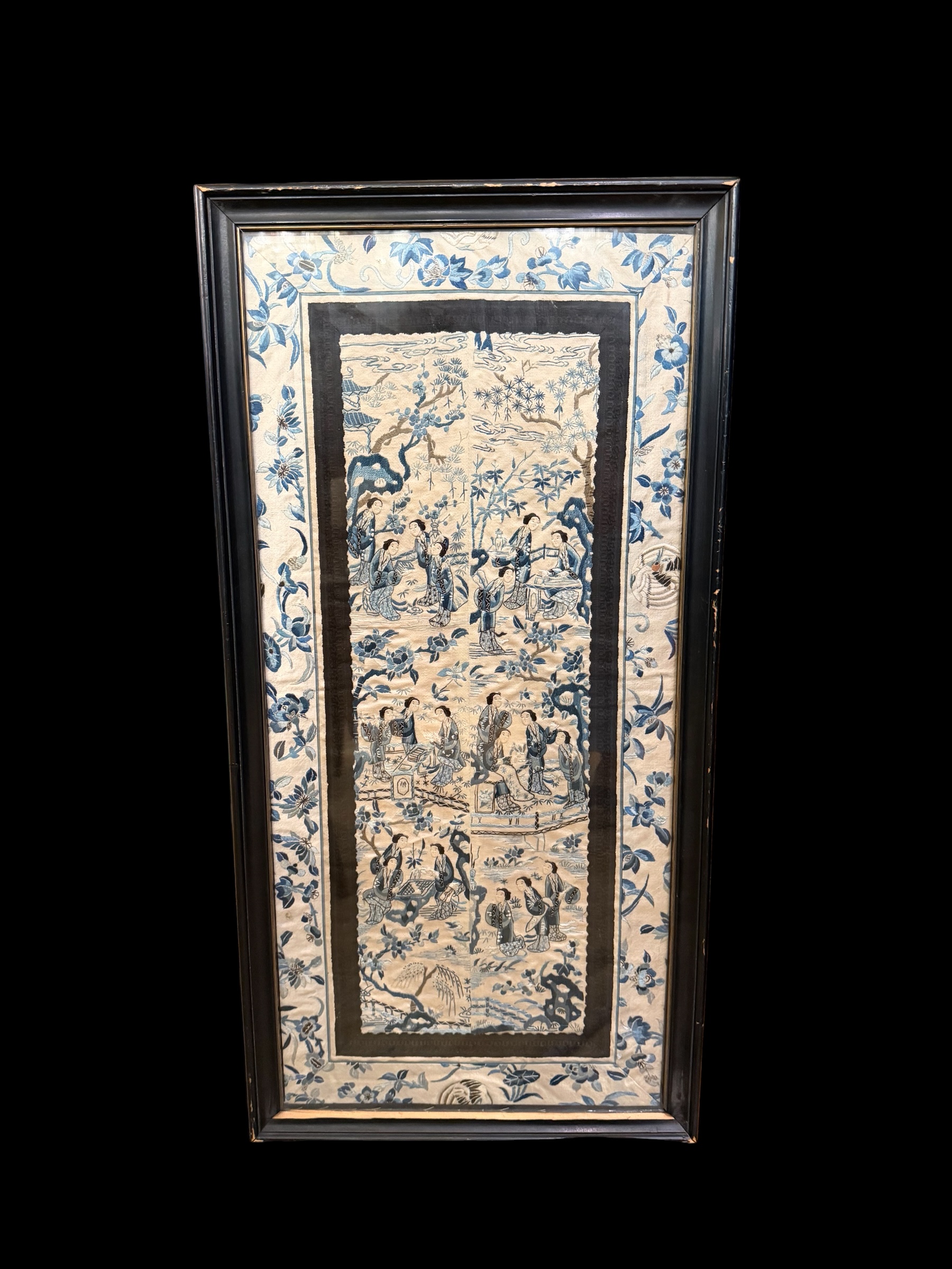 Blue & White Embroidered Chinese Silk Panel