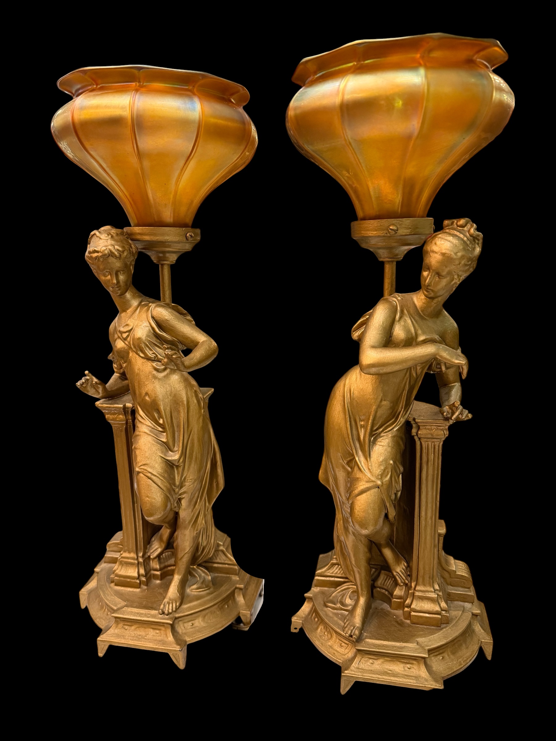 Antique Gold Art Nouveau Sculptural Lamps